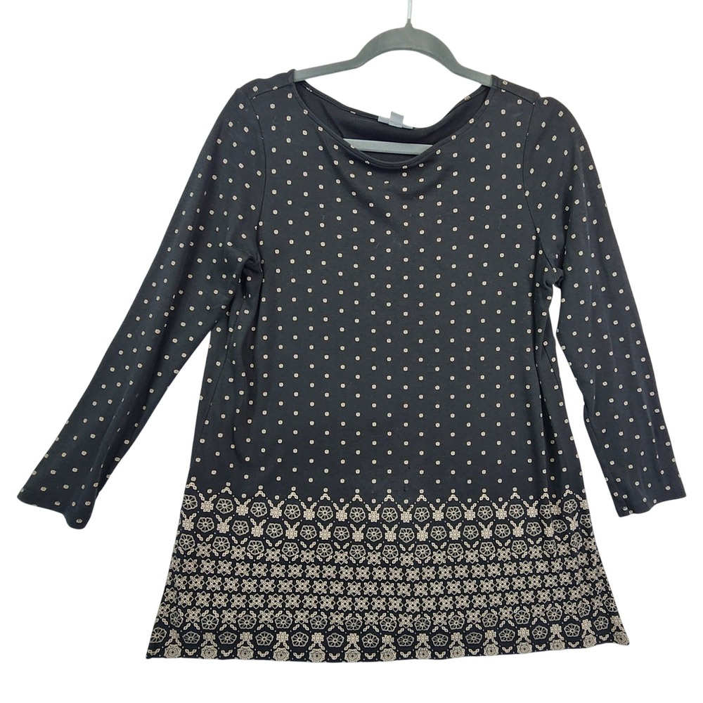 J. Jill Black Polka Dot Floral Border Print Tunic Long Sleeve Side Vent Top S